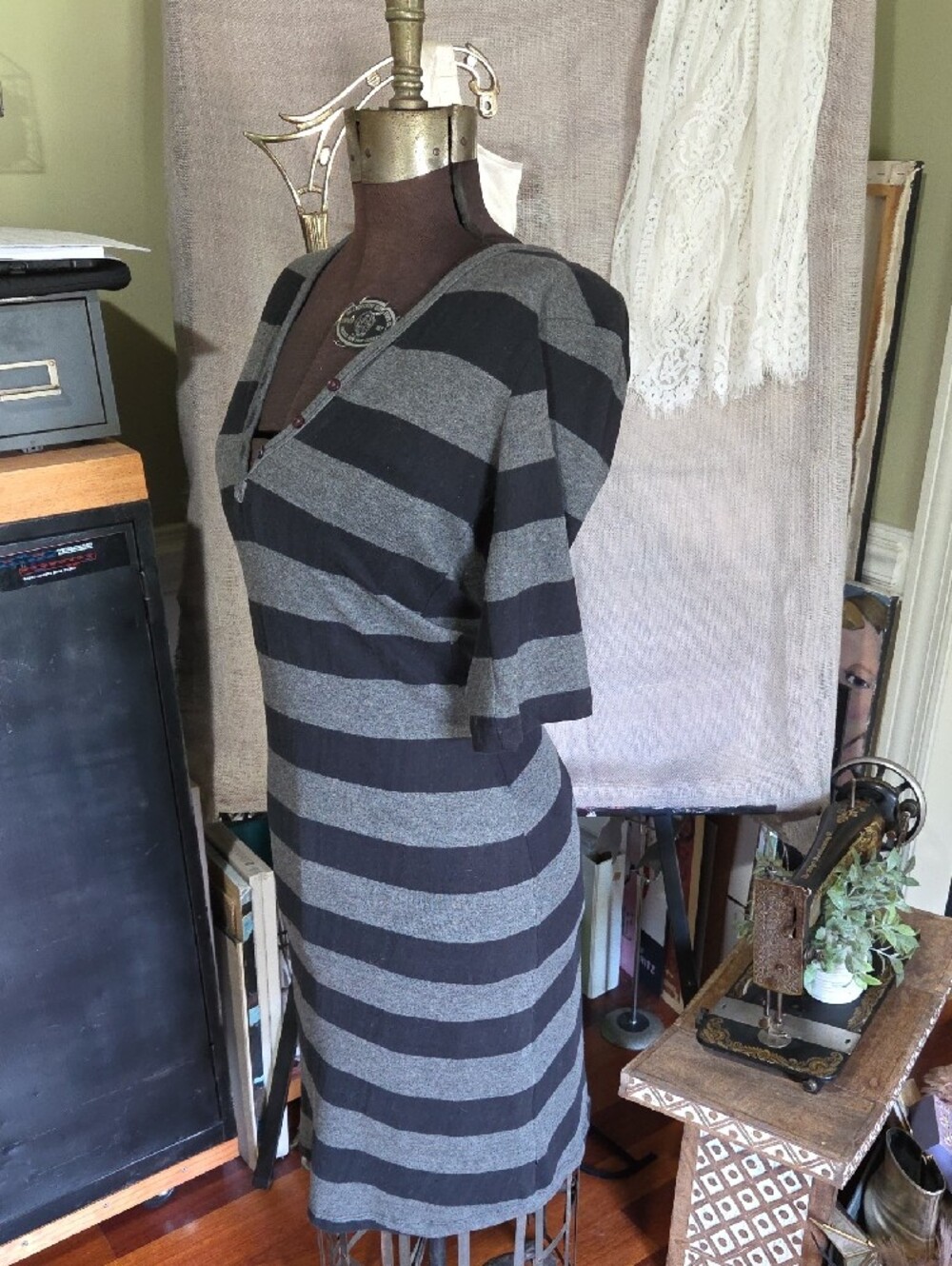 Striped Gray & Black V-Neck Knit Dress XS
